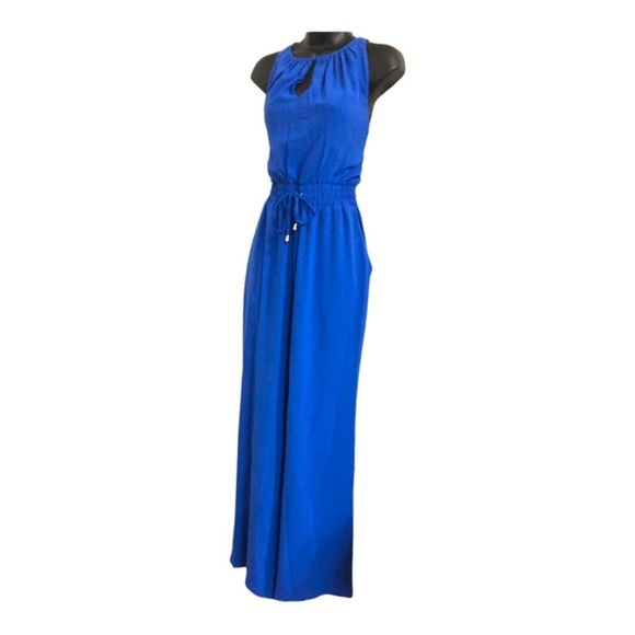 TAHARI blue smocked waist sleeveless  keyhole neck belted‎ jumpsuit size 6 new - Picture 2 of 16